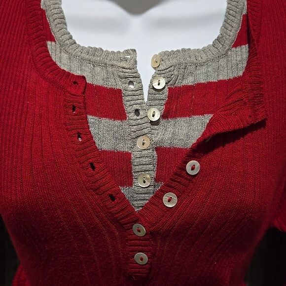 Y2K Layered Sweater Dress Tunic Top SzLg STRETCH Soft Henley Red Preppy 90s VTG - Picture 14 of 16